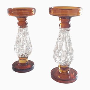 Portacandele grandi Mid-Century moderni in vetro ambrato e trasparente, anni '60, set di 2