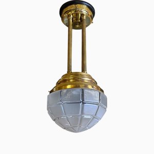 Jugendstil Hängelampe aus Messing mit Original Glas, 1900er