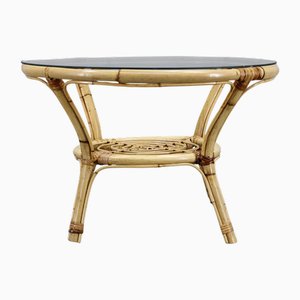 Table Ronde Vintage en Rotin avec Plateau en Verre, Italie, 1960s