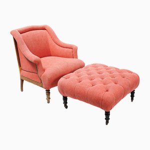Poltrona Napoleone III in lino e poggiapiedi capitonnè, set di 2