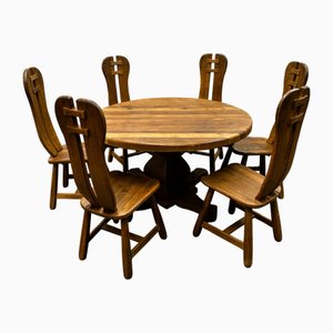 Belgian Brutalist Oak Dining Table and Chairs, 1970s, Set of 7