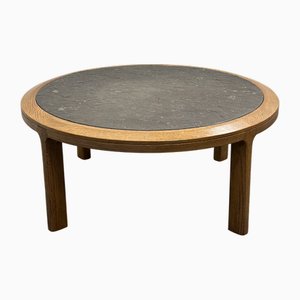 Vintage Round Textured Slate and Oak Coffee Table, 1970s