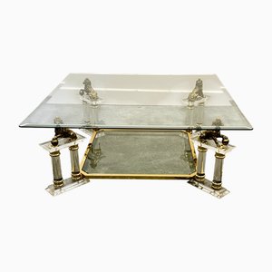 Vintage French Acrylic and Glass Coffee Table with Brass Lions, 1980s