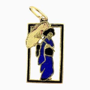 Vintage Art Deco Japanese Enamel 18k Yellow Gold Charm Pendant, 1920s