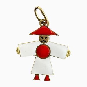 Art Deco Japanese Flag Kimono Charm Pendant in Enamel and 18 Karat Yellow Gold, 1920s