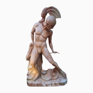 Italian Roman Warrior Sculpture in Red Travertine