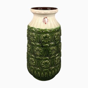 Vase en Céramique Majolique Verte et Blanche avec Fleurs de Bay Keramik, Allemagne, 1960s