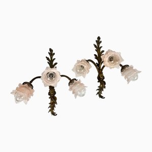 Appliques Murales Antique en Bronze avec Abat-jours Boutons de Rose en Verre Givré, France, 1920s, Set de 2
