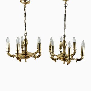 Lustres Vintage à 4 et 6 Lampes en Laiton Doré de Saeval, Espagne, Set de 2