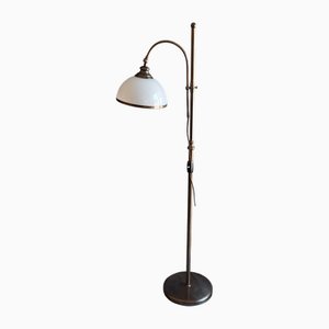 Height-Adjustable Brass Floor Lamp with Opaque White Glass Shade, 1980s