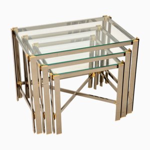Tables Gigognes Vintage en Chrome et Laiton, Italie, 1970s, Set de 3