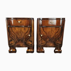 Comodini Art Déco in radica di noce con manopole in ottone, anni '40, set di 2