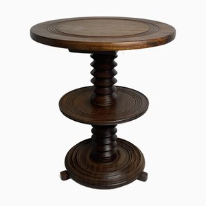 Table d'Appoint Pressoir à Vis Brutaliste en Bois Tourné à Deux Niveaux par Charles Dudouyt, France, 1950s