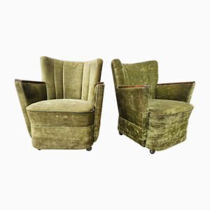 Sedie da cocktail in tessuto verde con rotelle, anni '50, set di 2