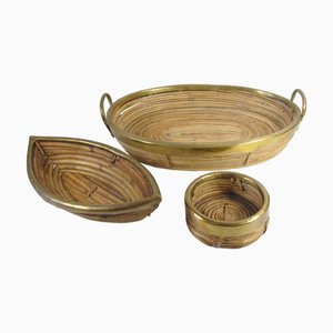 Paniers Mid-Century en Rotin et Laiton dans le style de Gabrielle Crespi, 1970s, Set de 3