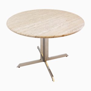 Table de Salle à Manger Ronde en Travertin avec Base en Chrome, 1970s