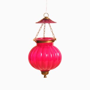 Indian Rajasthani Style Pumpkin-Shaped Pink Hand-Blown Glass Lantern with Brass Accents, 1970s