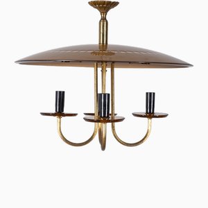 Italian Brass and Pink Glass Chandelier, 1950s