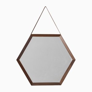 Italian Wall Mirror in Wood and Leather, 1970s