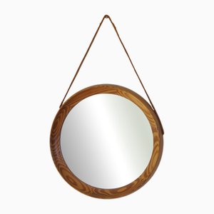Mid-Century Scandinavian Modern Round Wooden Wall Mirror with Leather Cord, Denmark, 1960s