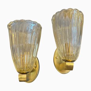 Mid-Century Modern Murano Glass and Brass Wall Sconces, 1990s, Set of 2