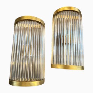 Mid-Century Modern Italian Wall Sconces in Brass and Glass, 1980s, Set of 2