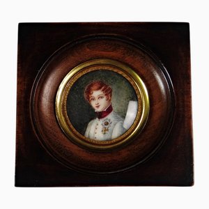Miniature Peinte à la Main à la Gouache Tondo Portrait d'Officier Napoléon II, 19ème Siècle