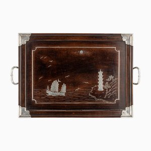 Plateau à Thé Antique en Argent et Bois, Chine, 1900