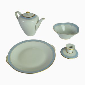 Service en Porcelaine Bleu Clair et Blanc Cassé avec Bande Dorée, 1950s, Set de 4