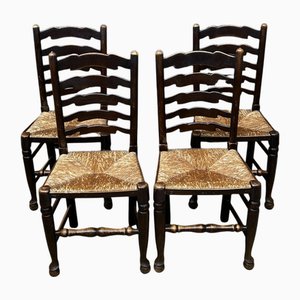 Chaises à Dossier Échelle en Chêne et Jonc, Angleterre, 19ème Siècle, Set de 4