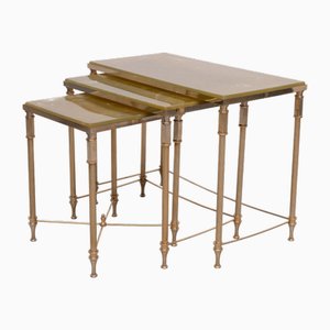 Tables Gigognes Hollywood Regency en Laiton, France, 1960, Set de 3