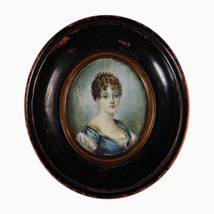 Tondo Miniature Gouache Style Empire Portrait d'une Femme, 1800s