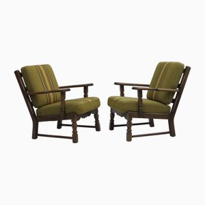 Set de Fauteuils en Laine Verte et Chêne, Danemark, 1970s