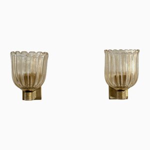 Italian Art Deco Style Murano Glass and Brass Wall Sconces, 1990s, Set of 2