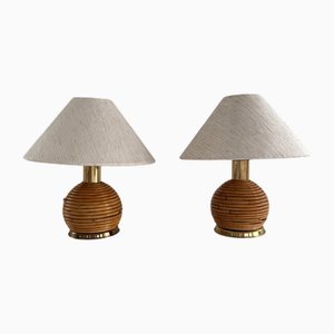 Lampes de Bureau en Rotin avec Détails en Laiton de Vivai del Sud, Italie, 1970s, Set de 2