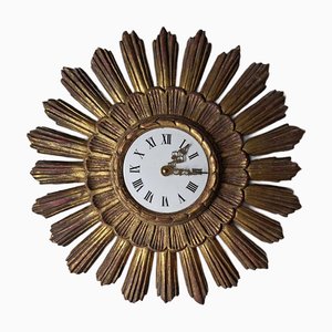 Horloge Murale Sunburst en Bois Doré, 1960s