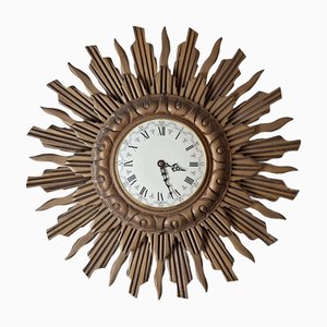 Horloge Murale Sunburst en Bois Doré de Stijlklokkenfabriek CJH Sens en Zonen, 1960s