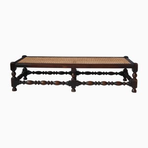 Antique English Foot Bench with Rattan, 1920s