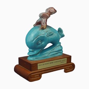 20th Century Futurist Ceramic Sculpture of Cherub on Dolphin by Riccardo Gatti, Italy