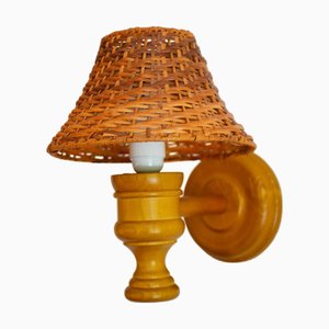 Swedish Wooden Sconce and Rattan Shade, a Vintage Wall Lamp by Ikea Sweden