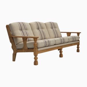 Divano a tre posti vintage in lana beige e legno di quercia, Danimarca, anni '70