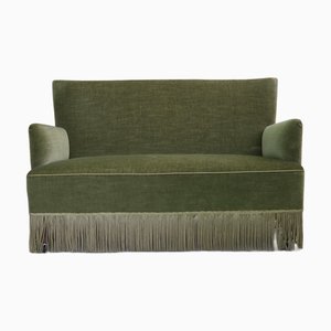 Vintage Danish Two-Seater Sofa in Green Furniture Velour and Beech Wood Legs, 1970s