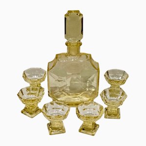 Art Deco Decanter Set in Yellow Glass by Moser/Bohemia, Czech, 1920s