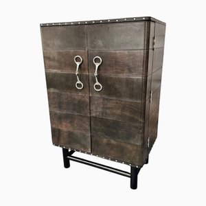 Italian Bar Cabinet in Brown-Gray Polished Leather and Steel, 2000s