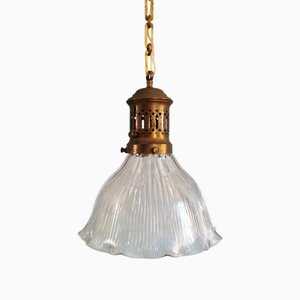 Large Holophane Pendant Light in Clear Grooved Glass and Brass, 1920s