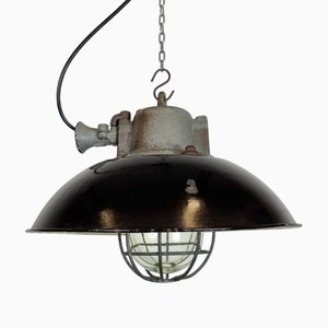 Black Enamel and Cast Iron Industrial Cage Pendant Light from Elektrosvit, 1960s