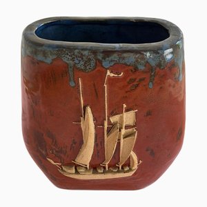 Vase with Ship in Brown Ceramic, Denmark