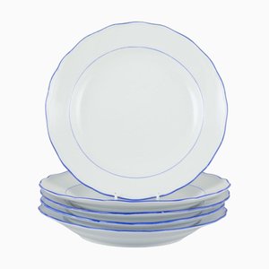 Assiettes Plates en Porcelaine Blanche avec Bordure Bleue de Meissen, Allemagne, Set de 5