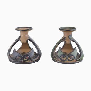 Portacandele Art Nouveau in ceramica decorata con foglie di Kähler, Danimarca, anni '30, set di 2