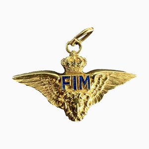 Vintage Italian Chiappe Air Force Fim Wings Crown 18k Yellow Gold Enamel Pendant, 1920s
